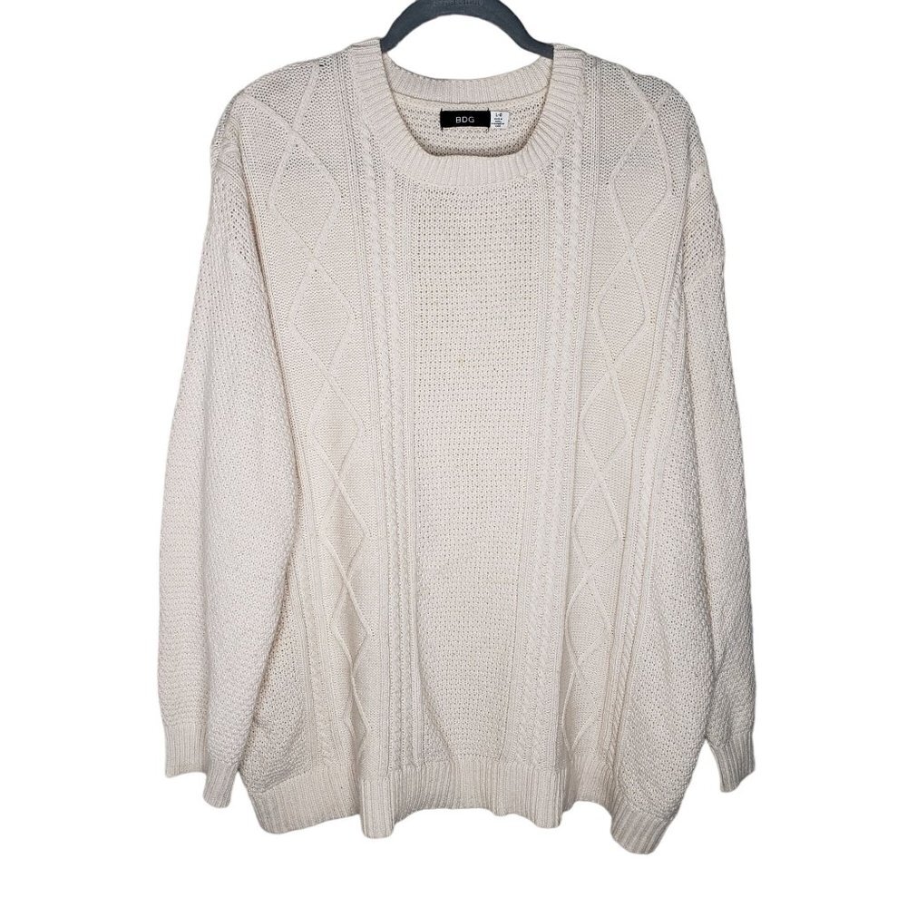 BDG Men's Size L Cotton Blend Fisherman Knit Sweater Elbow Patches LightWeight